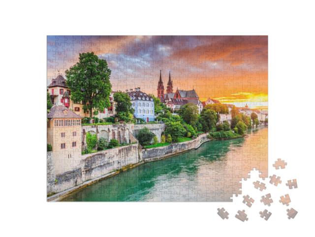 puzzle 500 dílků „Staré město Basilej s červenou katedrálou na Rýně, Švýcarsko“