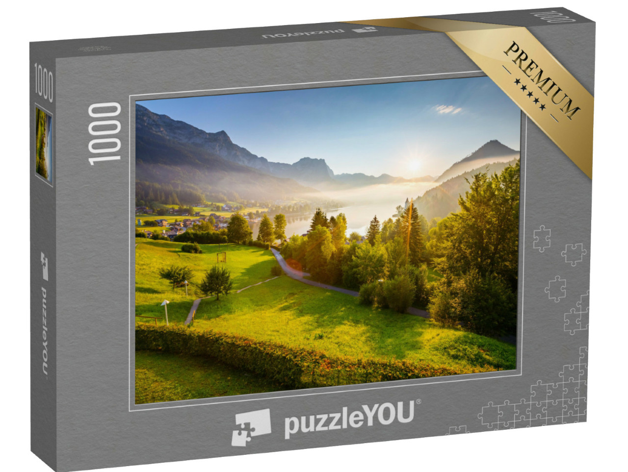 puzzle 1000 dílků „Pohled do zelené zahrady po ránu“