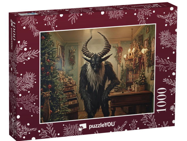 puzzle 1000 dílků „Černá příšera Krampus ve vánočním obchodě“