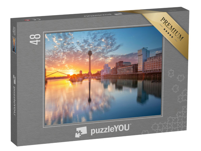 puzzle 48 dílků „Západ slunce nad mediálním přístavem v Düsseldorfu, Severní Porýní-Vestfálsko“