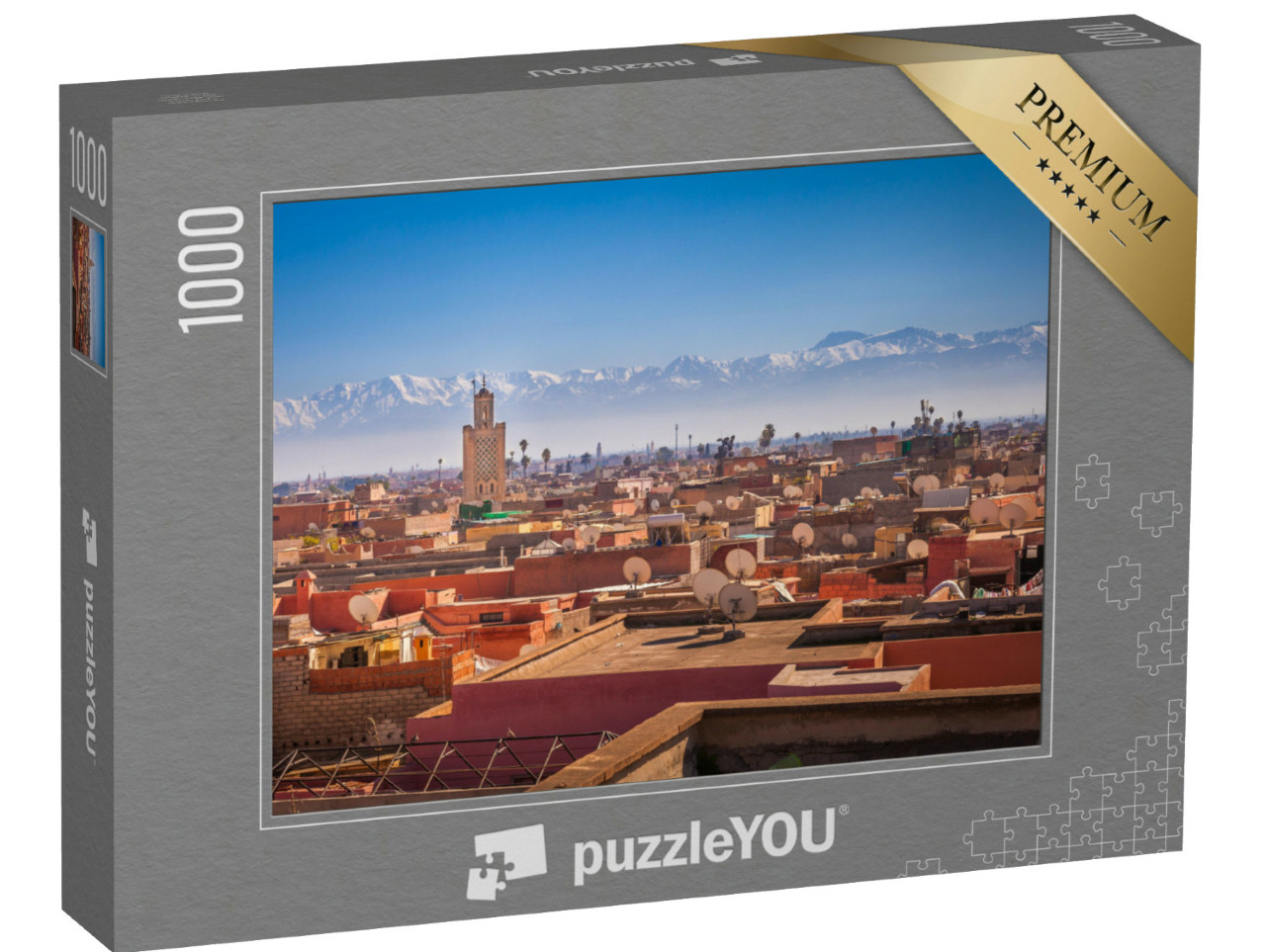 puzzle 1000 dílků „Panoramatický pohled na Marrákeš a zasněžené pohoří Atlas, Maroko“