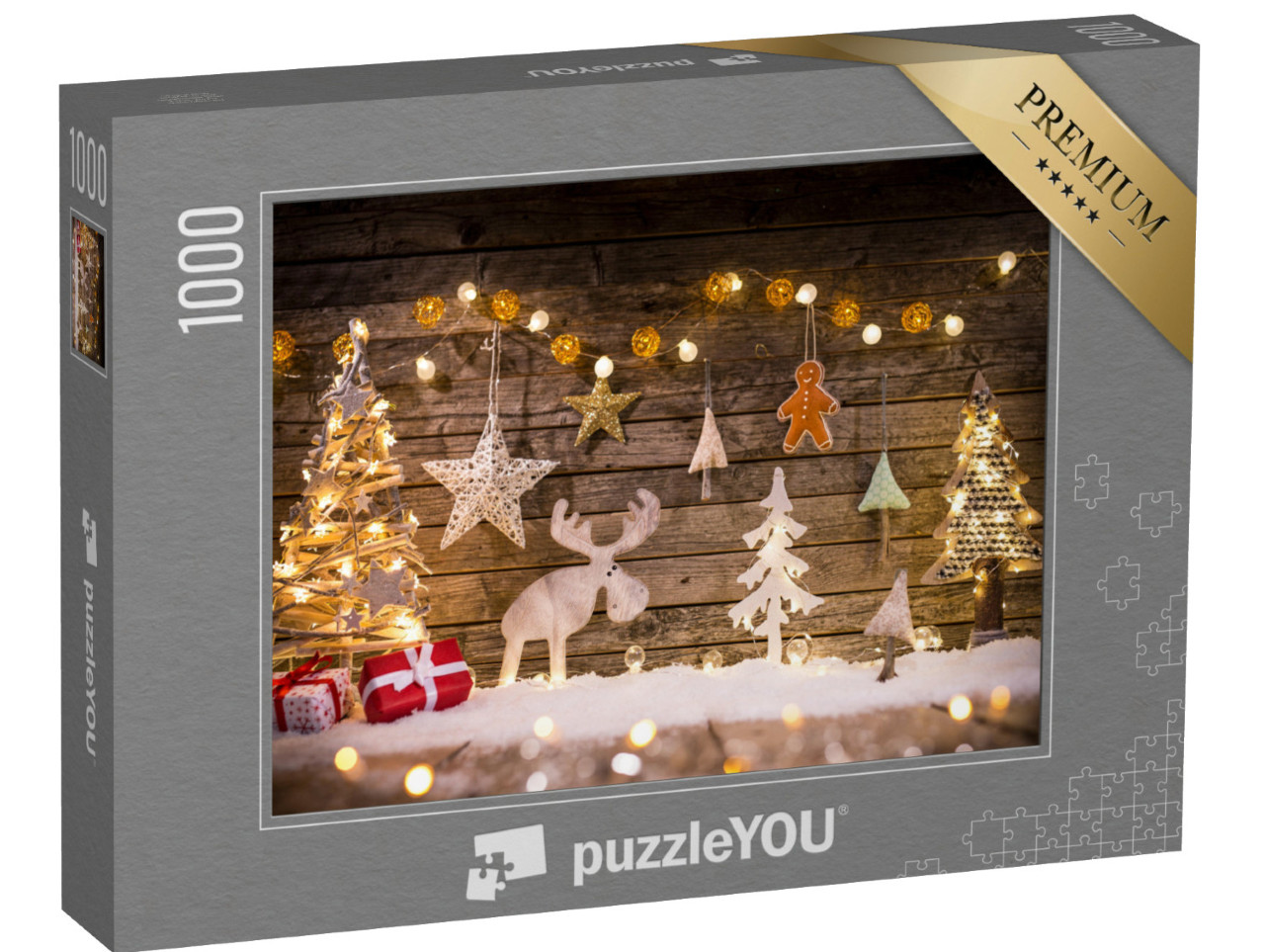 puzzle 1000 dílků „Vánoční dekorace na dřevěném pozadí, los, stromek“