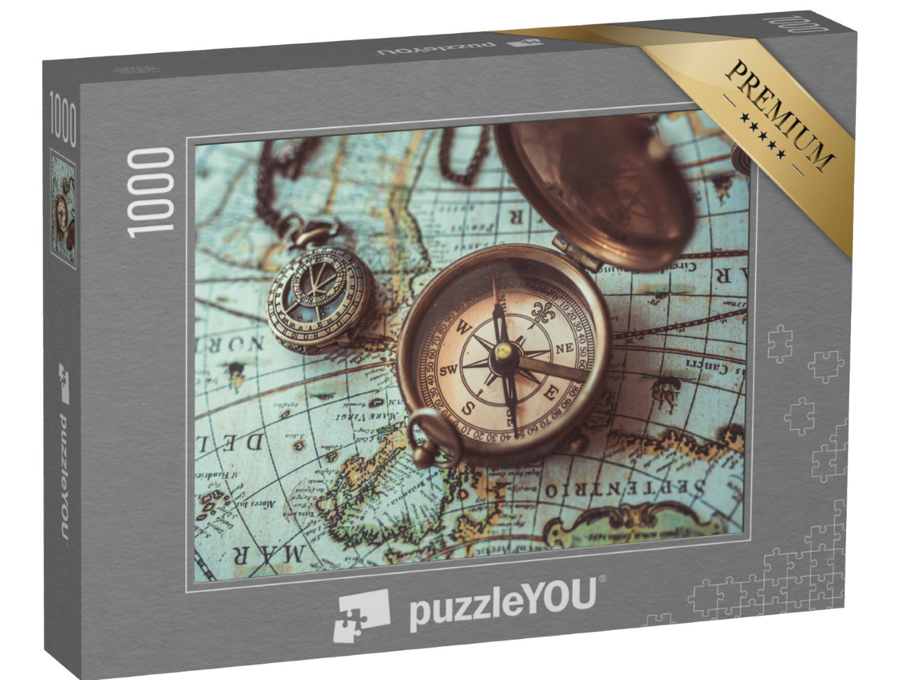 puzzle 1000 dílků „Starožitný bronzový kompas a dalekohled na staré mapě světa“