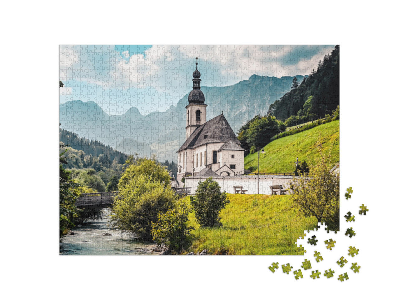 puzzle 1000 dílků „Krajina v Alpách s kostelem svatého Šebestiána“