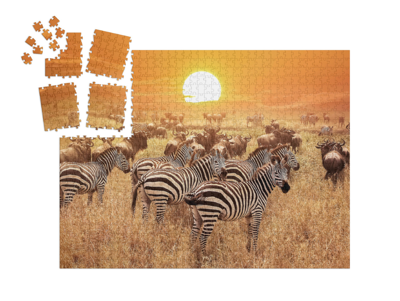 Puzzle-adventní kalendář „Zebra při západu slunce v národním parku Serengeti, Afrika, Tanzanie“