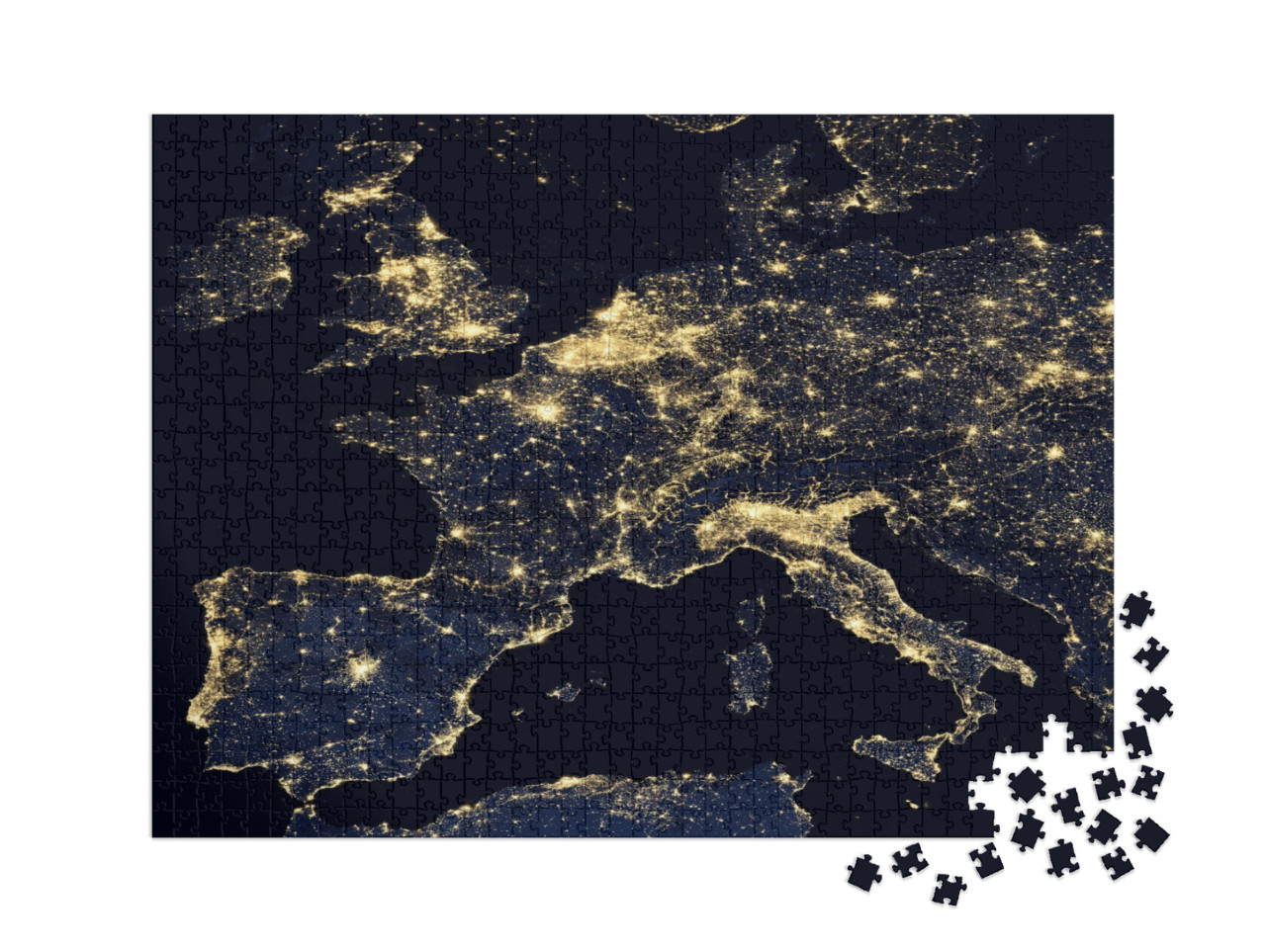 puzzle 1000 dílků XXL „Světla měst na mapě světa, Evropa, NASA“