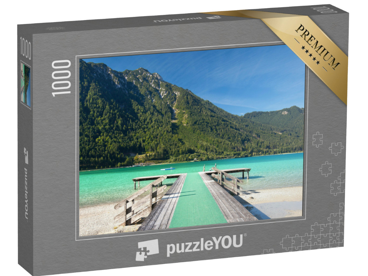 puzzle 1000 dílků „Stará dřevěná lávka na jezeře Achensee v Rakousku“
