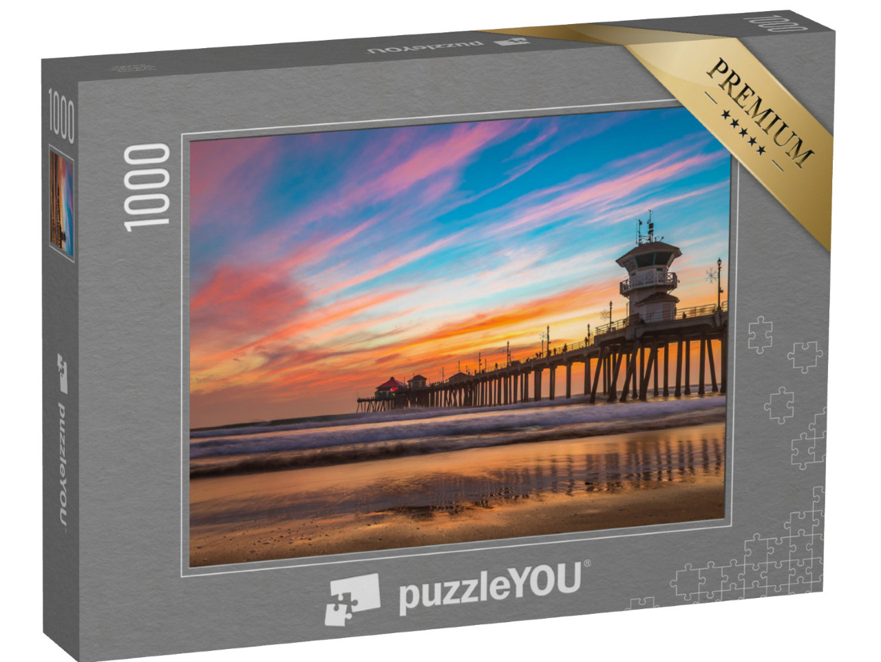 puzzle 1000 dílků „Krásný západ slunce nad molem na Huntington Beach, Kalifornie“