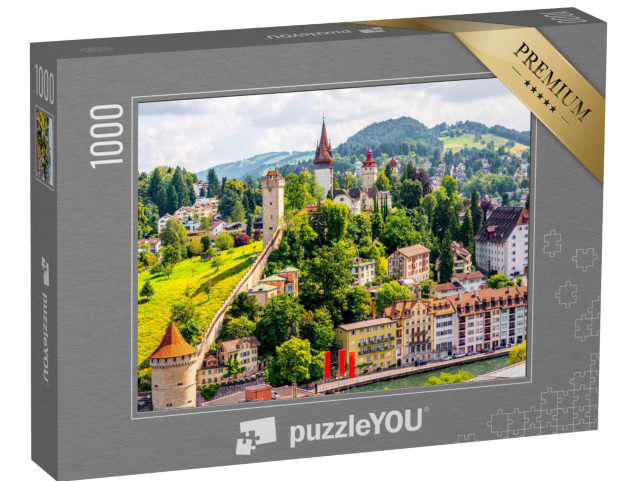 puzzle 1000 dílků „Letecký pohled: staré město Lucern s pevnostní zdí a věžemi, Švýcarsko“