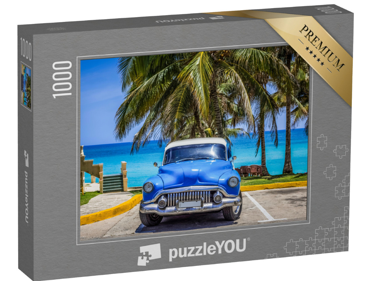 puzzle 1000 dílků „Klasický vůz: Buick zaparkovaný pod palmami na pláži, Varadero, Kuba“