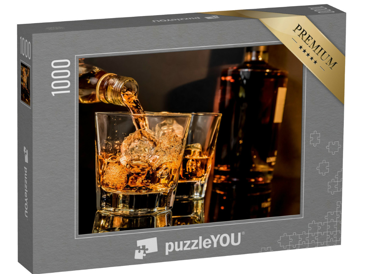 puzzle 1000 dílků „Nalití whisky do sklenice na stole“