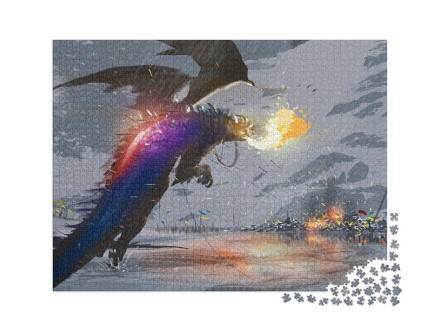 puzzle 2000 dílků „Obří drak letí nad sněhem a svým ohněm ničí město.“