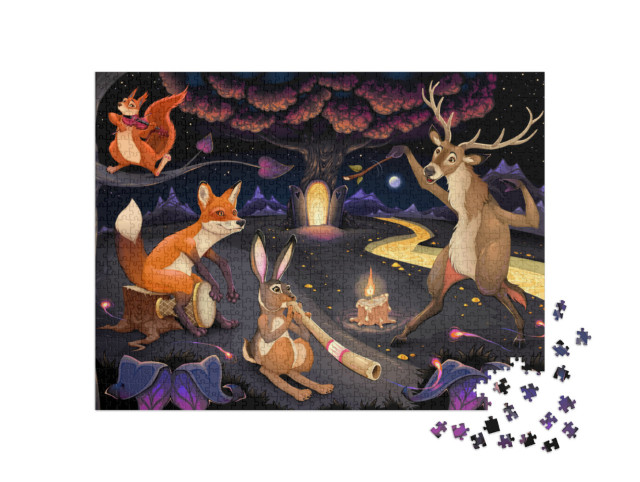 puzzle 1000 dílků „Zvířata hrající hudbu v lese“