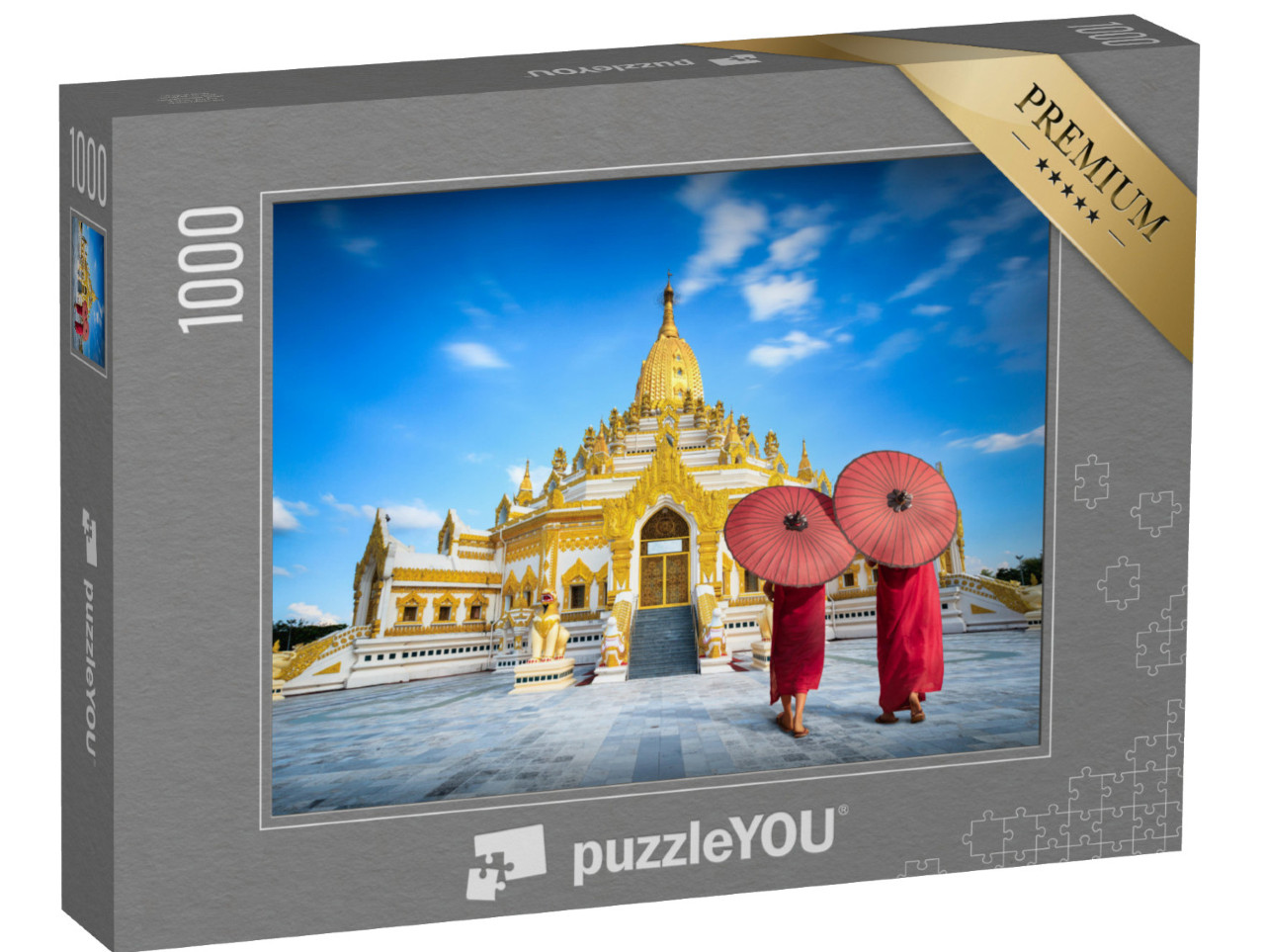 puzzle 1000 dílků „Mniši s červenými deštníky před pagodou Swe Taw Myat, Yangon, Myanmar“