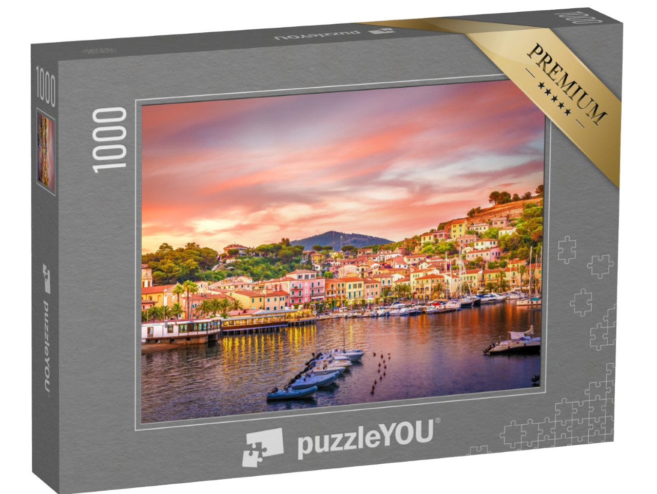 puzzle 1000 dílků „Přístav a vesnice Porto Azzurro při západu slunce, ostrov Elba, Itálie“