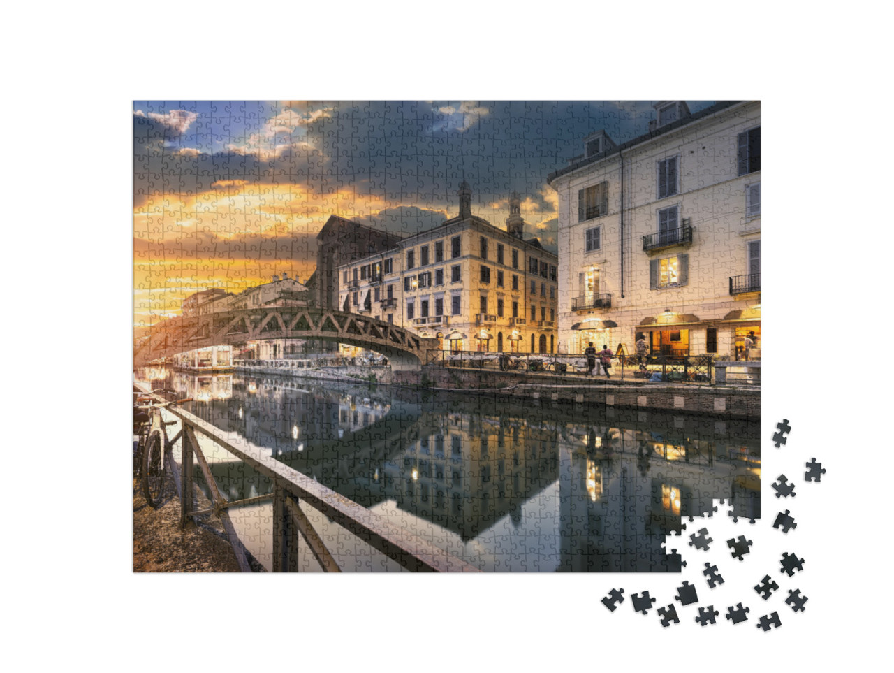 puzzle 1000 dílků „Most přes kanál Naviglio Grande večer, Milán, Itálie“