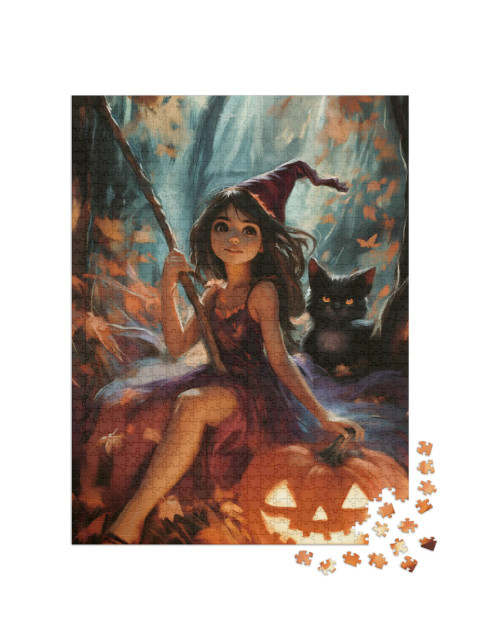 puzzle 1000 dílků „Malá čarodějnice s černou kočkou“