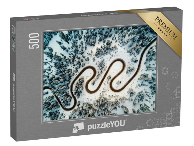 puzzle 500 dílků „Pohled z ptačí perspektivy: horská silnice v zimních Dolomitech“