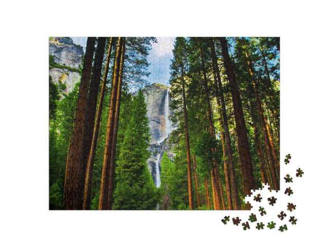 puzzle 1000 dílků „Yosemitské vodopády za sekvojemi v Yosemitském národním parku, Kalifornie“