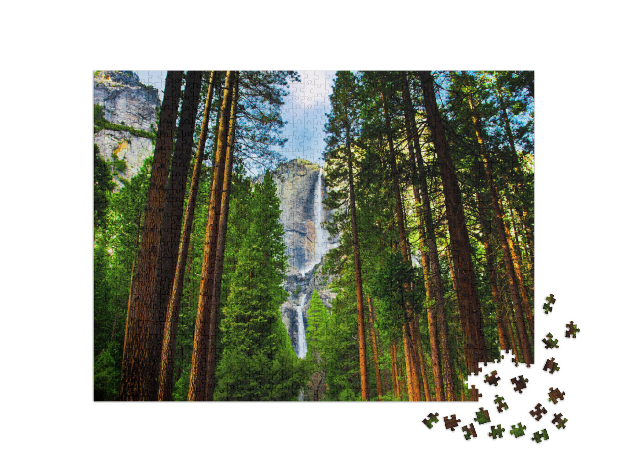 puzzle 1000 dílků „Yosemitské vodopády za sekvojemi v Yosemitském národním parku, Kalifornie“