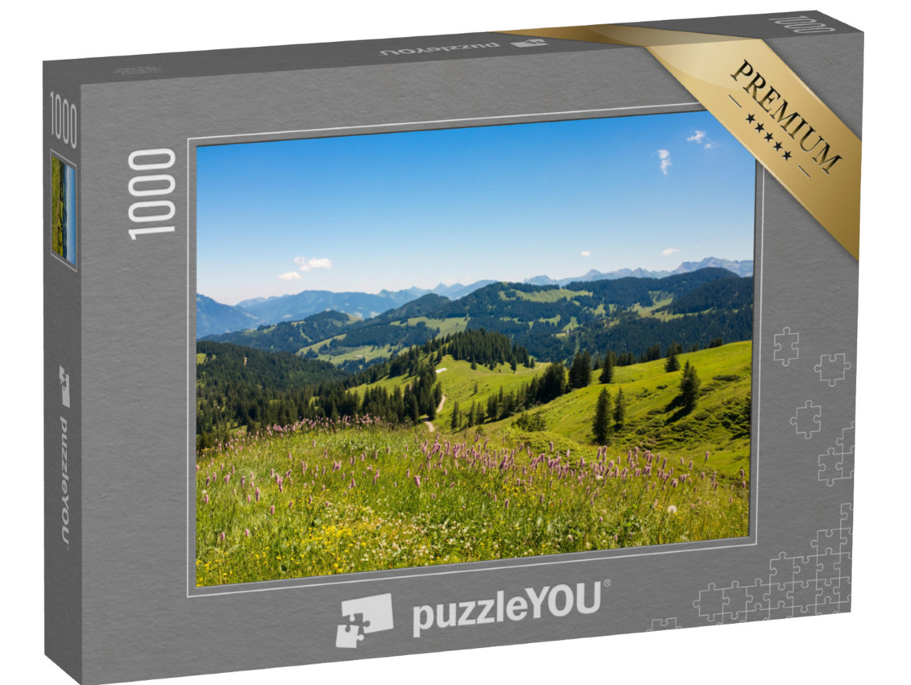 puzzle 1000 dílků „Bavorské Alpy s výhledem na hory a louky v Allgäu, Německo“