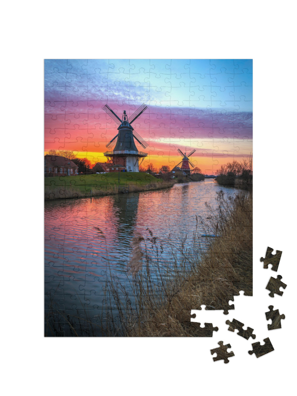 puzzle 200 dílků „Dvojité mlýny Greetsiel, Východní Frísko při východu slunce“