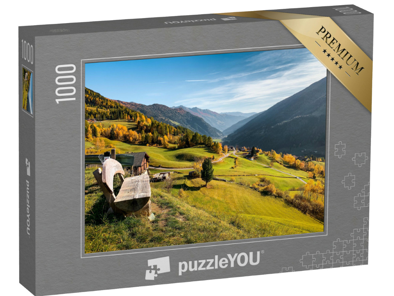 puzzle 1000 dílků „Dřevěná lavička v rakouských horách“