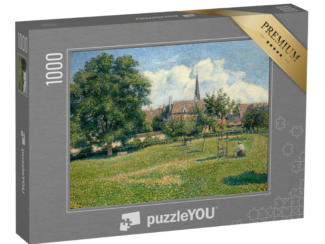 puzzle 1000 dílků „Camille Pissarro - Dům hluché ženy a zvonice v Eragny“