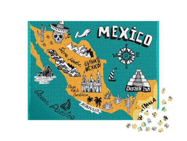 puzzle 1000 dílků „Ilustrovaná mapa Mexika s nejdůležitějšími památkami“