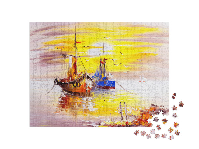 puzzle 1000 dílků „Olejomalba: Dvě rybářské lodě při západu slunce“