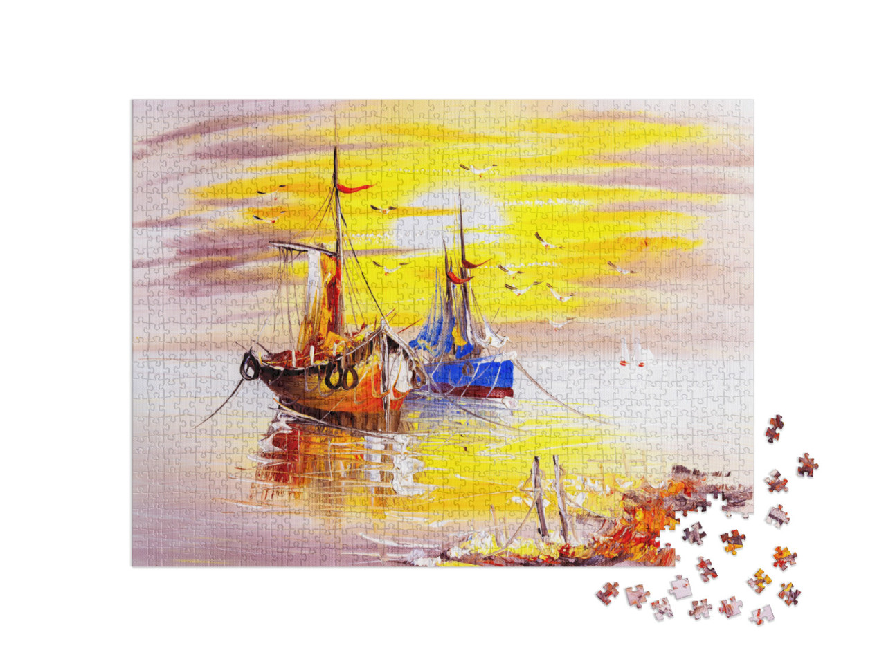 puzzle 1000 dílků „Olejomalba: Dvě rybářské lodě při západu slunce“