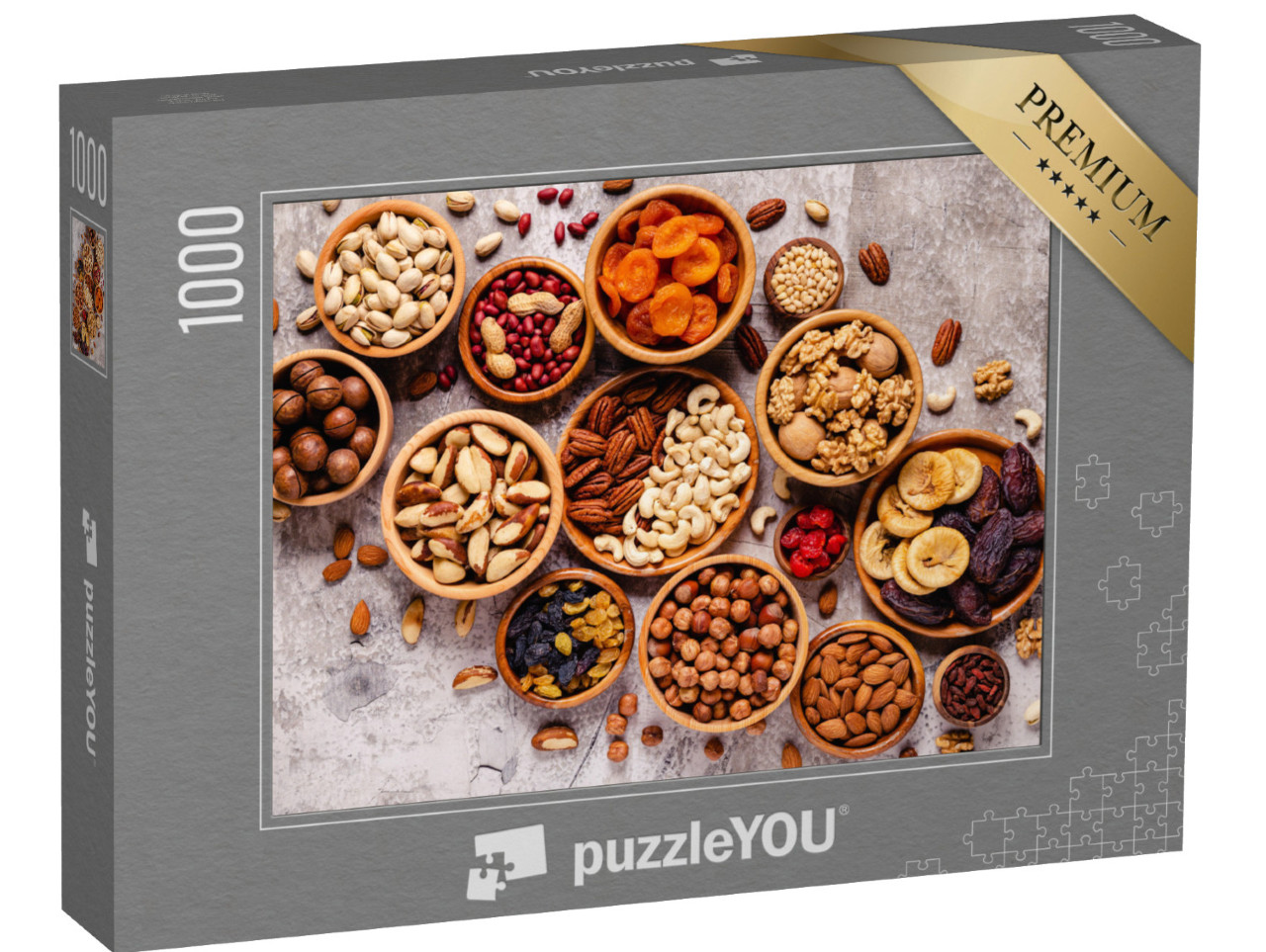 puzzle 1000 dílků „Různé ořechy a sušené ovoce v dřevěných miskách“
