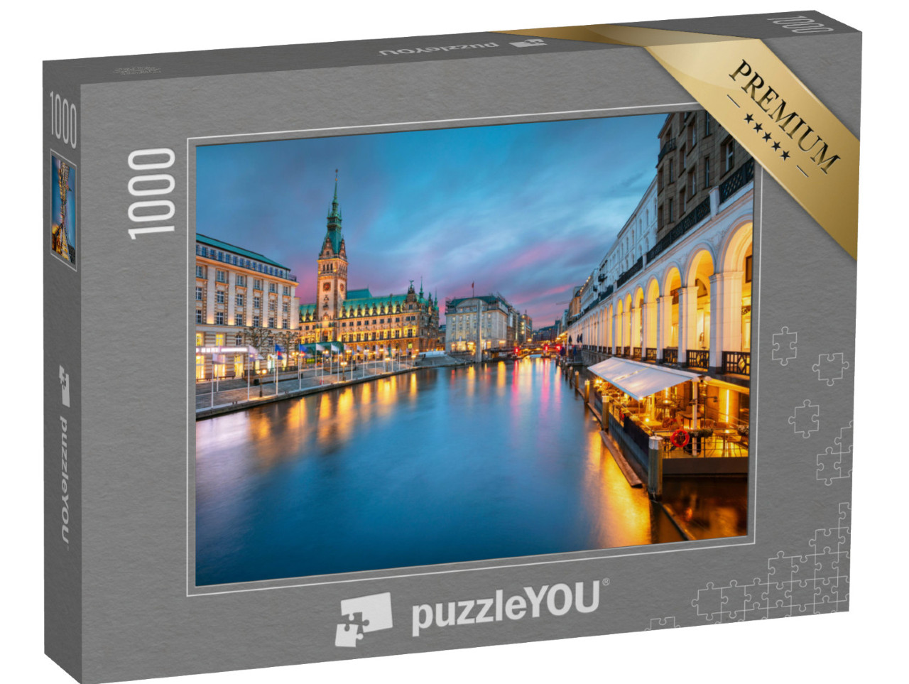 puzzle 1000 dílků „Hamburská radnice a jezero Alster při západu slunce“