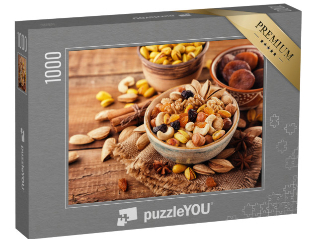 puzzle 1000 dílků „Směs ořechů a sušeného ovoce v různých skořápkách“