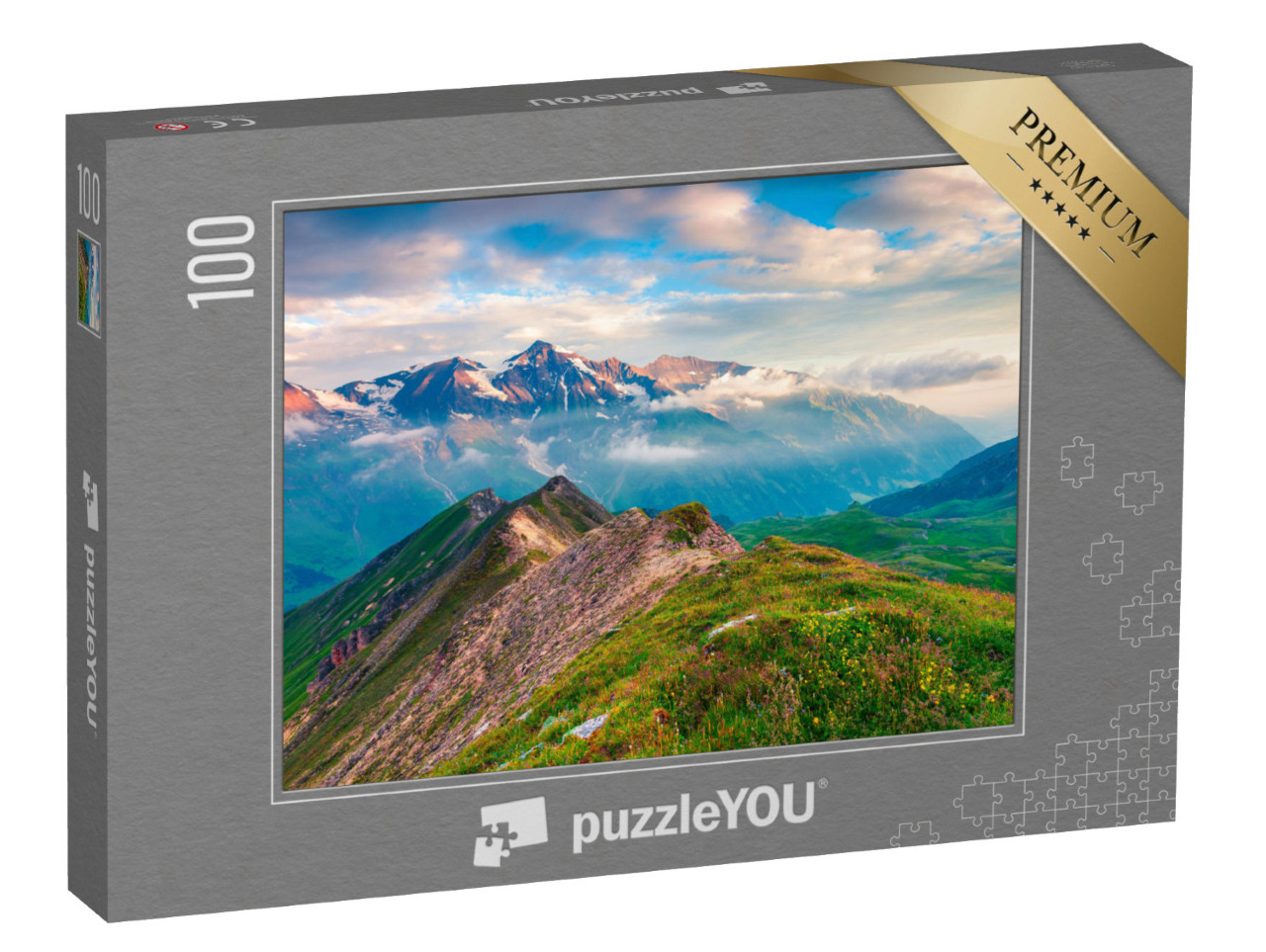 puzzle 100 dílků „Letní ráno na Grossglockneru: vysokohorská silnice, Salcburk, Rakousko“