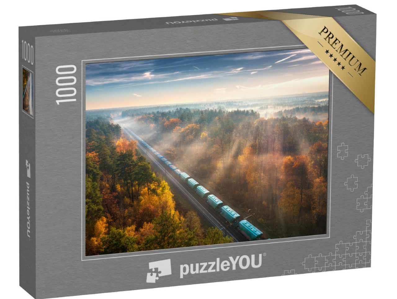 puzzle 1000 dílků „Nákladní vlak v lese při východu slunce, podzim“