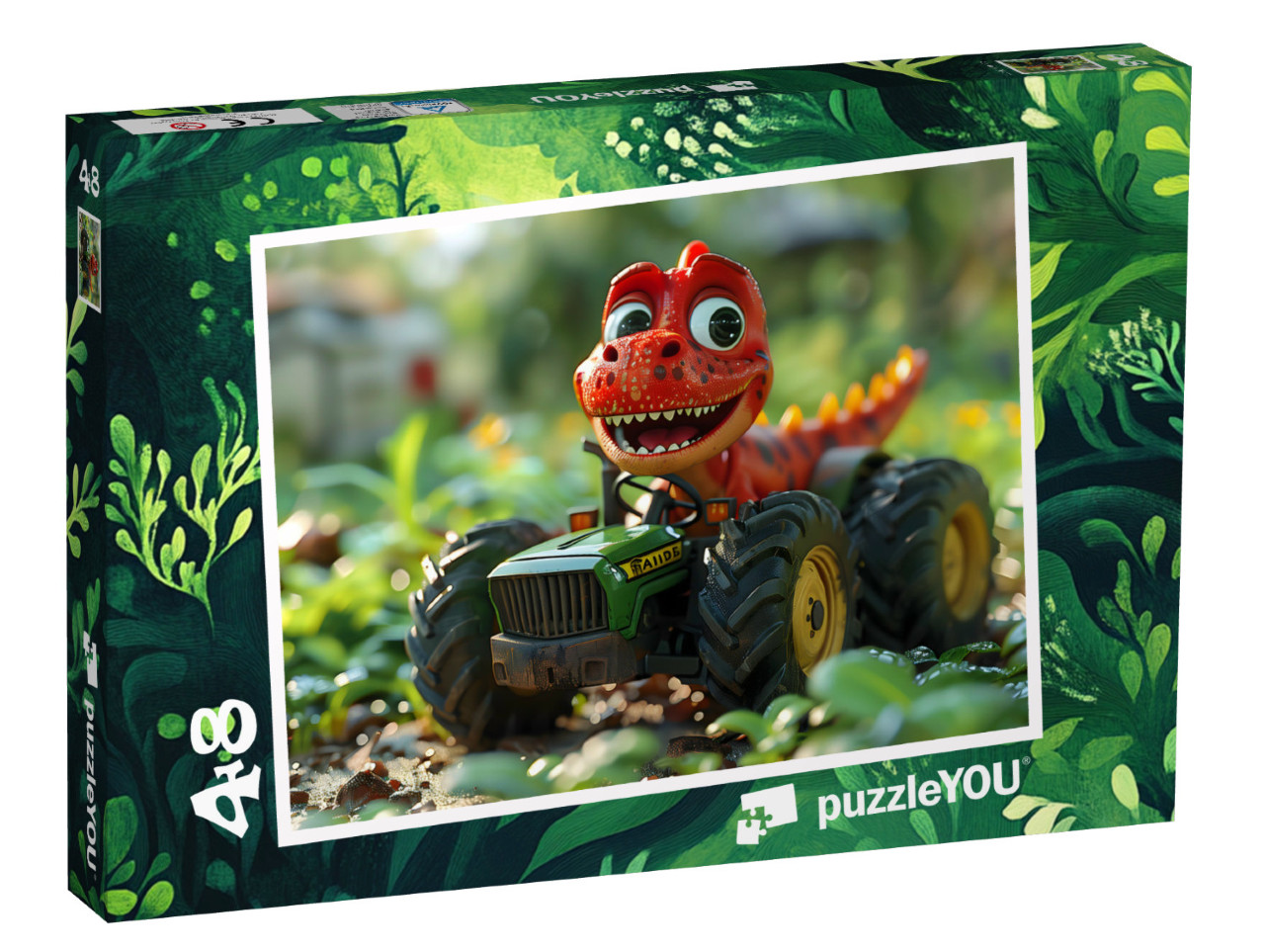 puzzle 48 dílků „Červený dino na zeleném traktoru“