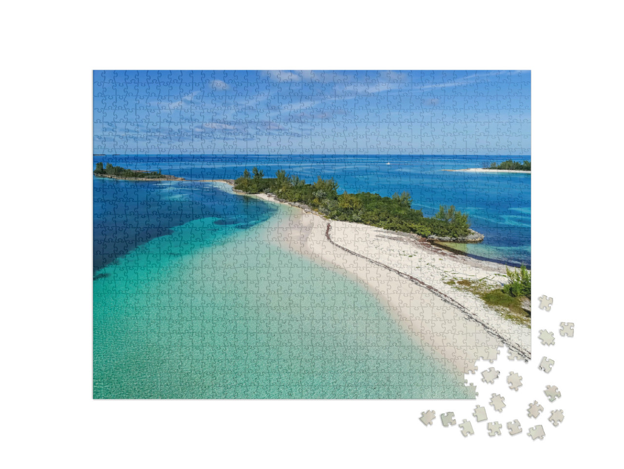 puzzle 1000 dílků „Letecký pohled na Munjack Cay se zátokou a pláží v Abaku, Bahamy“