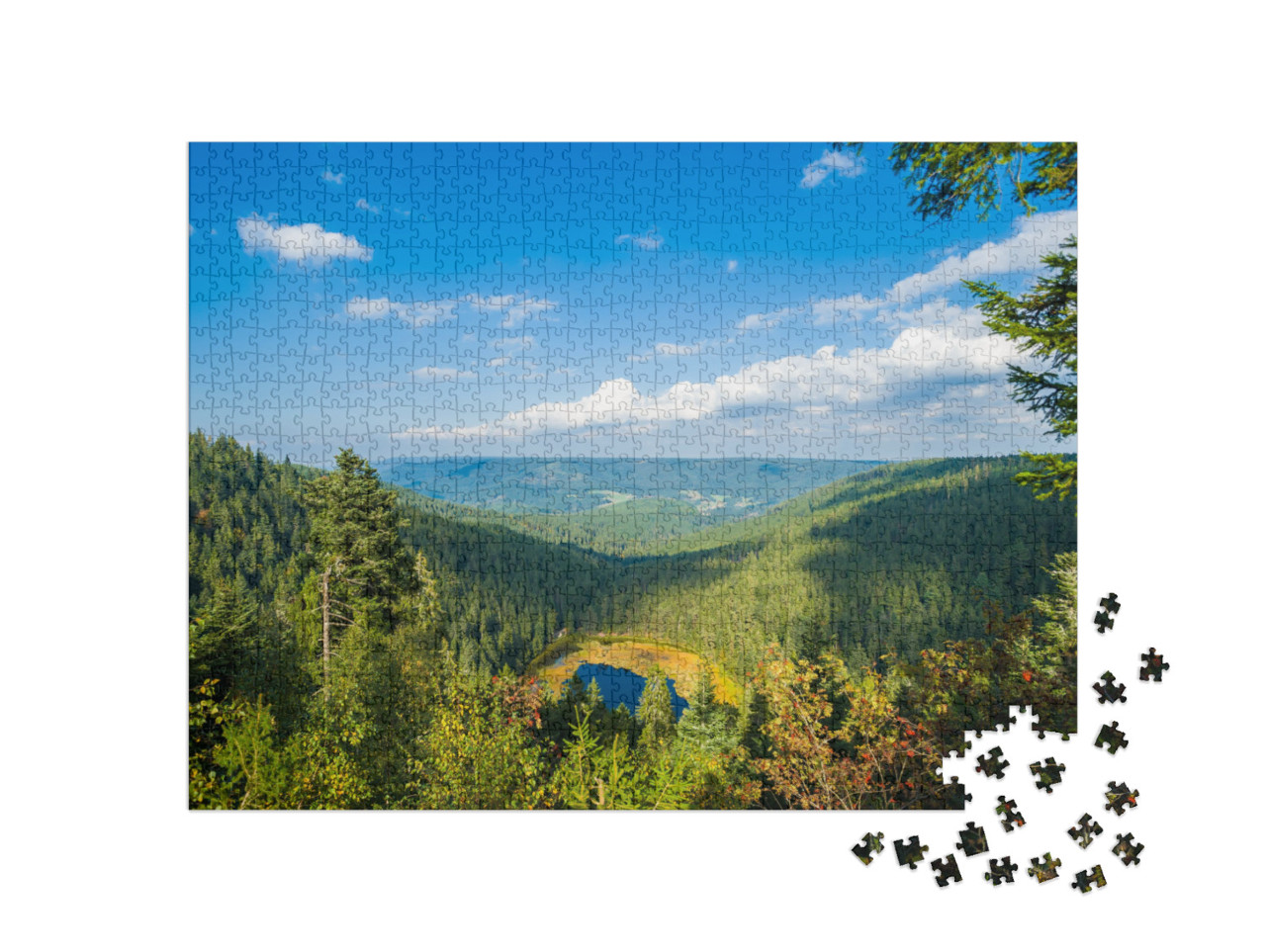 puzzle 1000 dílků „Jezero Huzenbach u Baiersbronnu ve Schwarzwaldu, Bádensko-Württembersko, Německo“