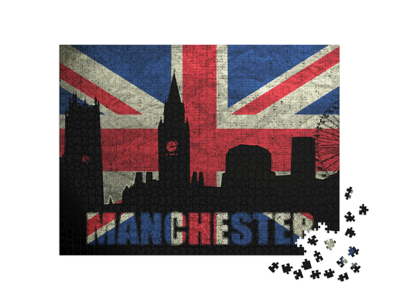 puzzle 1000 dílků „Obzor Manchesteru na britské grungeové vlajce“