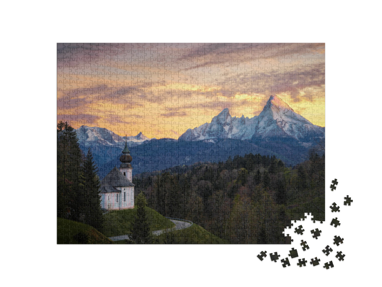 puzzle 1000 dílků „Kaple Maria Gern nad Berchtesgadenem s horou Watzmann“