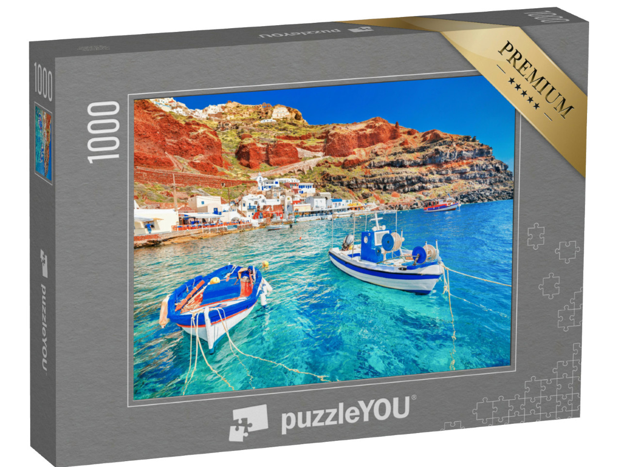 puzzle 1000 dílků „Přístav Oia na Santorini se dvěma rybářskými loděmi, Egejské moře, Řecko“