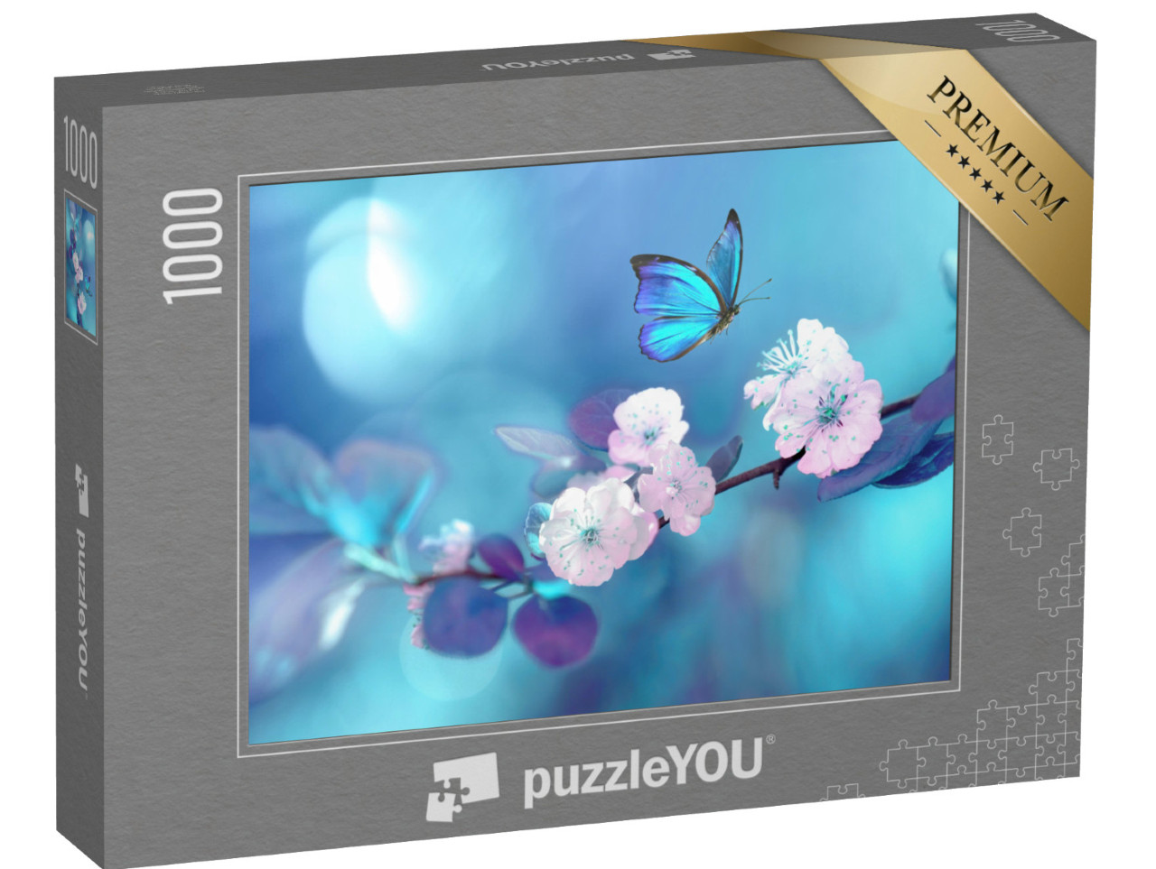 puzzle 1000 dílků „Modrý motýl v letu nad rozkvetlou meruňkovou větví“