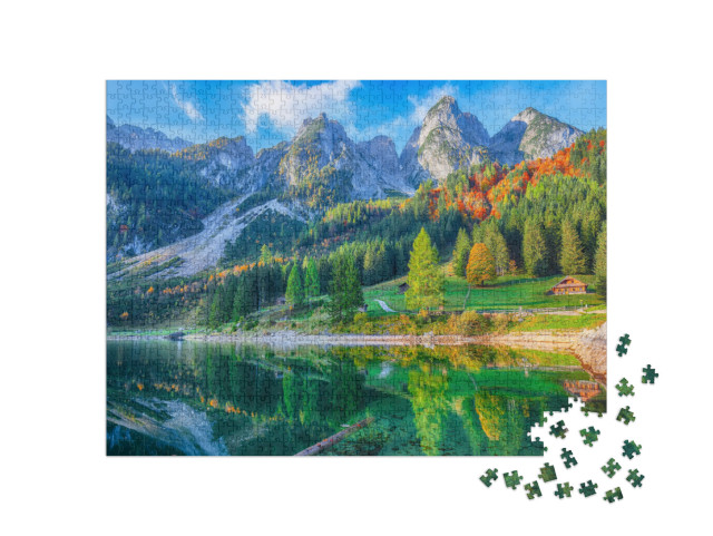 puzzle 1000 dílků „Barevná podzimní krajina s vrcholem Dachsteinu u jezera Gosau, Horní Rakousko“