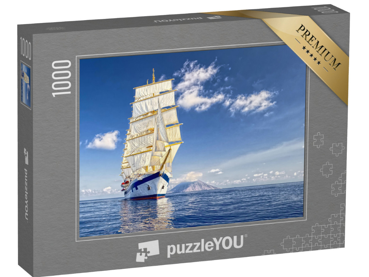 puzzle 1000 dílků „Plachetnice s bílými plachtami pod jasně modrou oblohou“