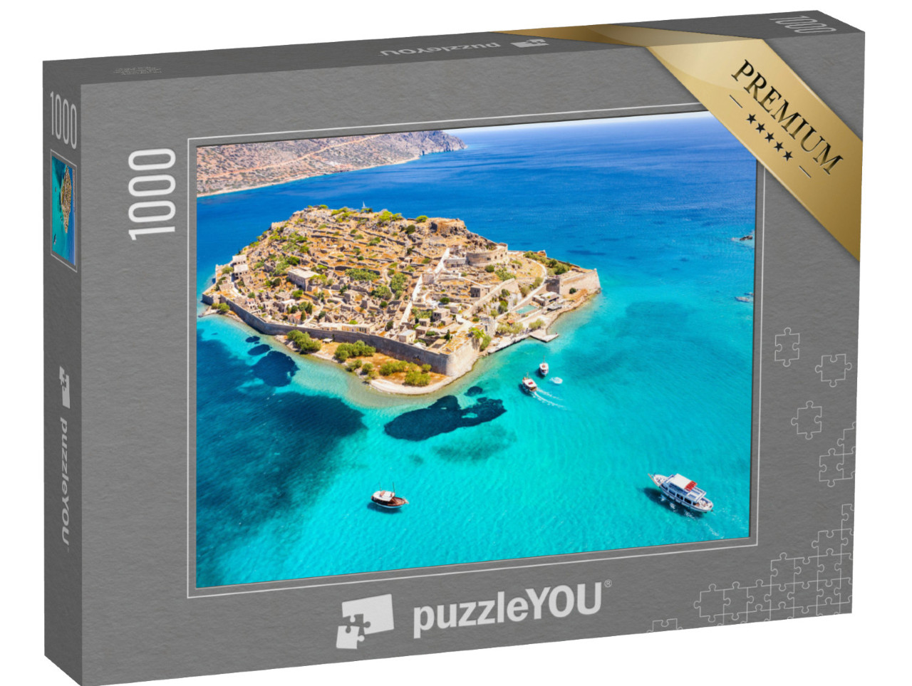 puzzle 1000 dílků „Spinalonga s klidným mořem, záliv Elounda, Kréta, Řecko“