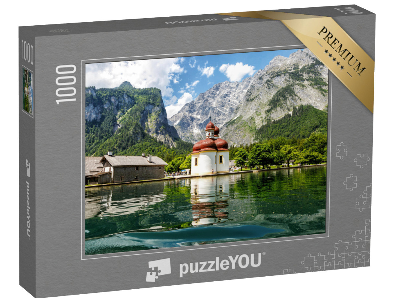 puzzle 1000 dílků „Pohled na kostel svatého Bartoloměje od jezera Königssee, Bavorsko“