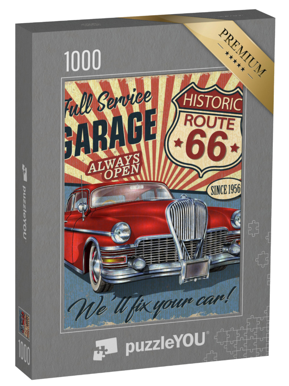 puzzle 1000 dílků „Vintage značka Route 66 s červeným klasickým vozem“