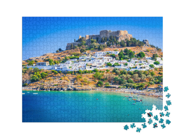 puzzle 1000 dílků XXL „Lindos s bělostnými domy, Rhodos, Řecko“