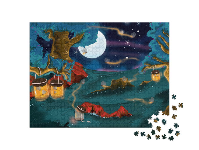 puzzle 1000 dílků „Kreslená krajina se skleněnými nádobami, kde fi“